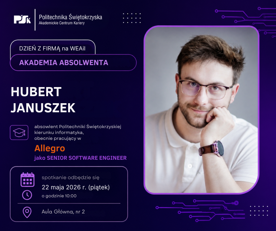 Akademia Absolwenta – spotkanie z absolwentem Informatyki PŚk pracującym w Allegro Akademia Absolwenta – spotkanie z absolwentem Informatyki PŚk pracującym w Allegro