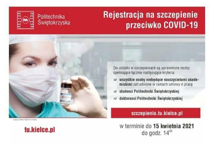 Plakat informuje o rejestracji na szczepienie przeciw COVID-19 dla Politechniki Świętokrzyskiej.