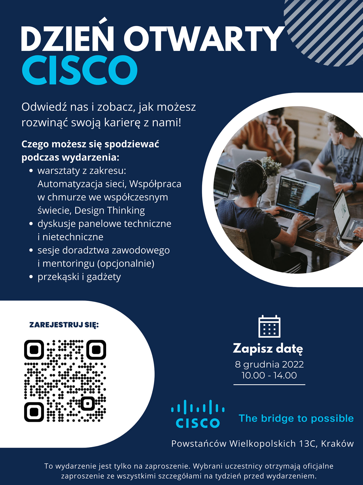 Dzień Otwarty Cisco. Wydarzenie odbędzie się 8 grudnia 2022. Kluczowe obiekty: logo Cisco, QR kod, kalendarz.