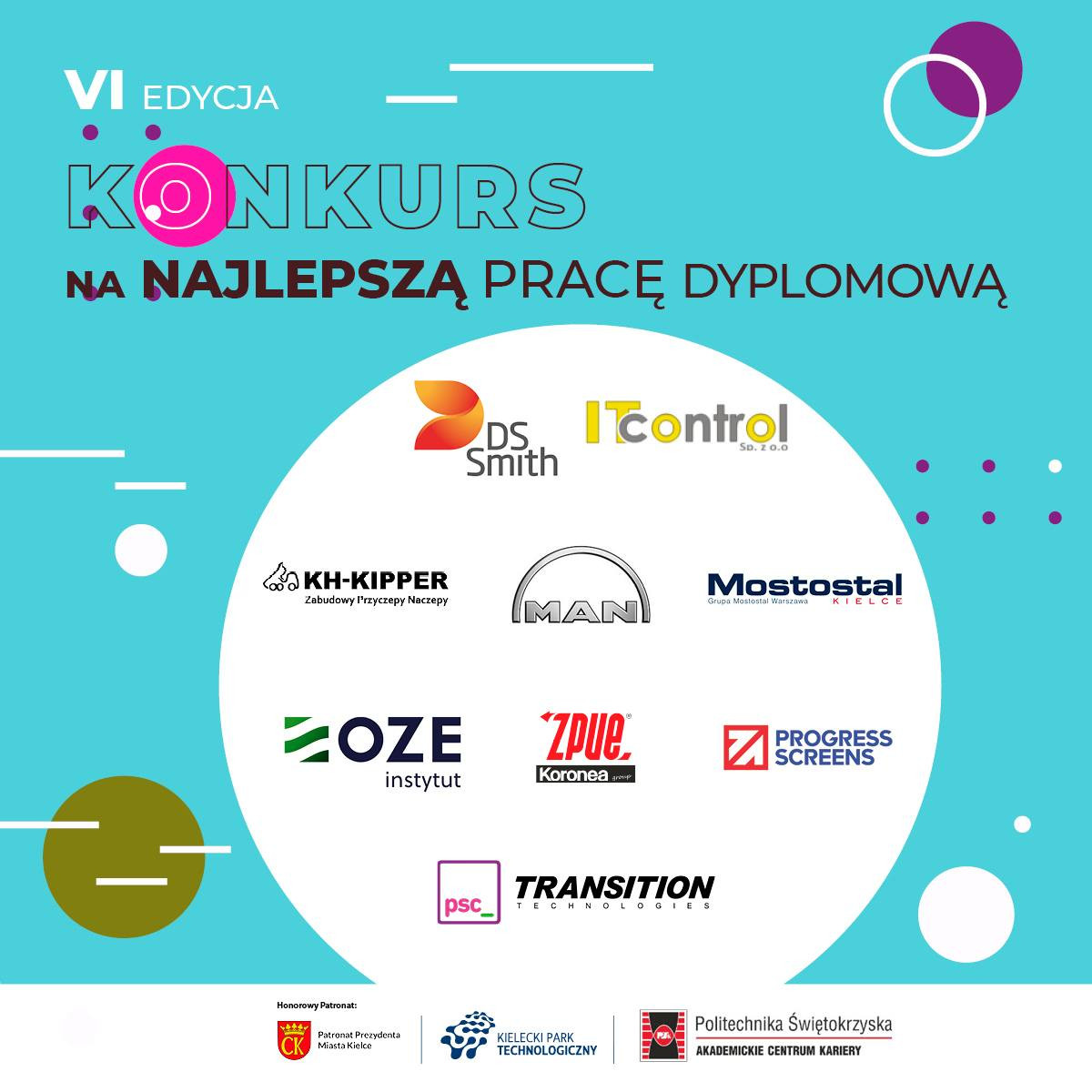 VI edycja konkursu na najlepszą pracę dyplomową. Loga sponsorów i partnerów.