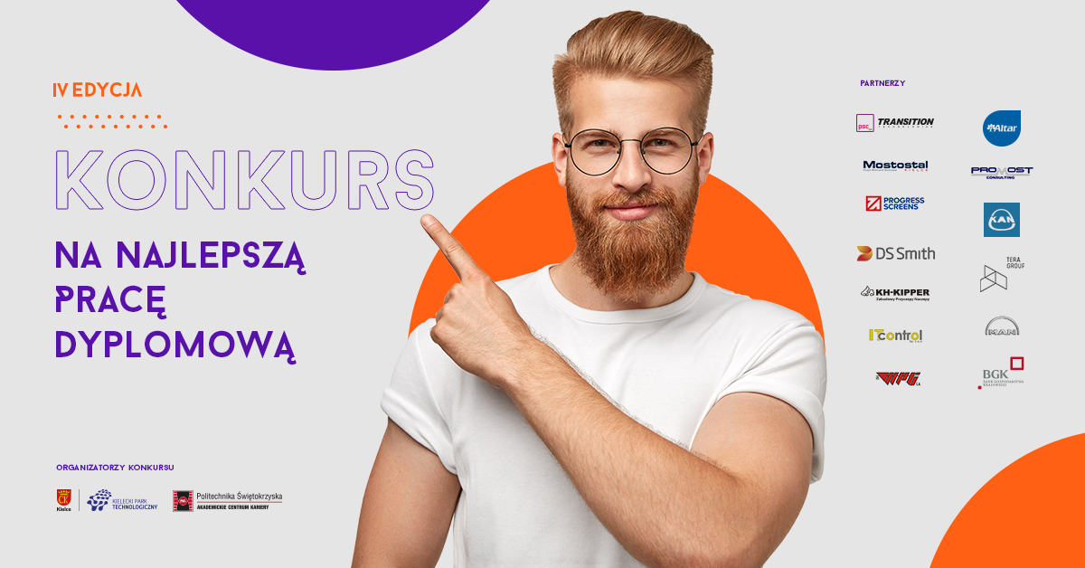 Mężczyzna w okularach wskazuje na napis "KONKURS NA NAJLEPSZĄ PRACĘ DYPLOMOWĄ". Kontekst: IV edycja konkursu.