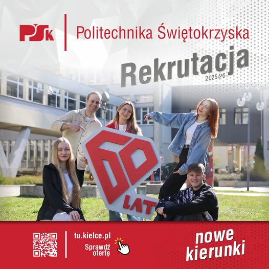 Rekrutacja na Politechnice Świętokrzyskiej 2025/26. Studenci pozują z logo "60 LAT".