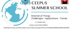 Plakat CEEPUS Summer School o temacie Internet of Things. Zawiera globus, czapkę absolwenta i dane spotkania online.