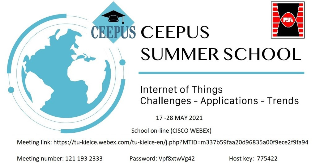 Plakat CEEPUS Summer School o temacie Internet of Things. Zawiera globus, czapkę absolwenta i dane spotkania online.