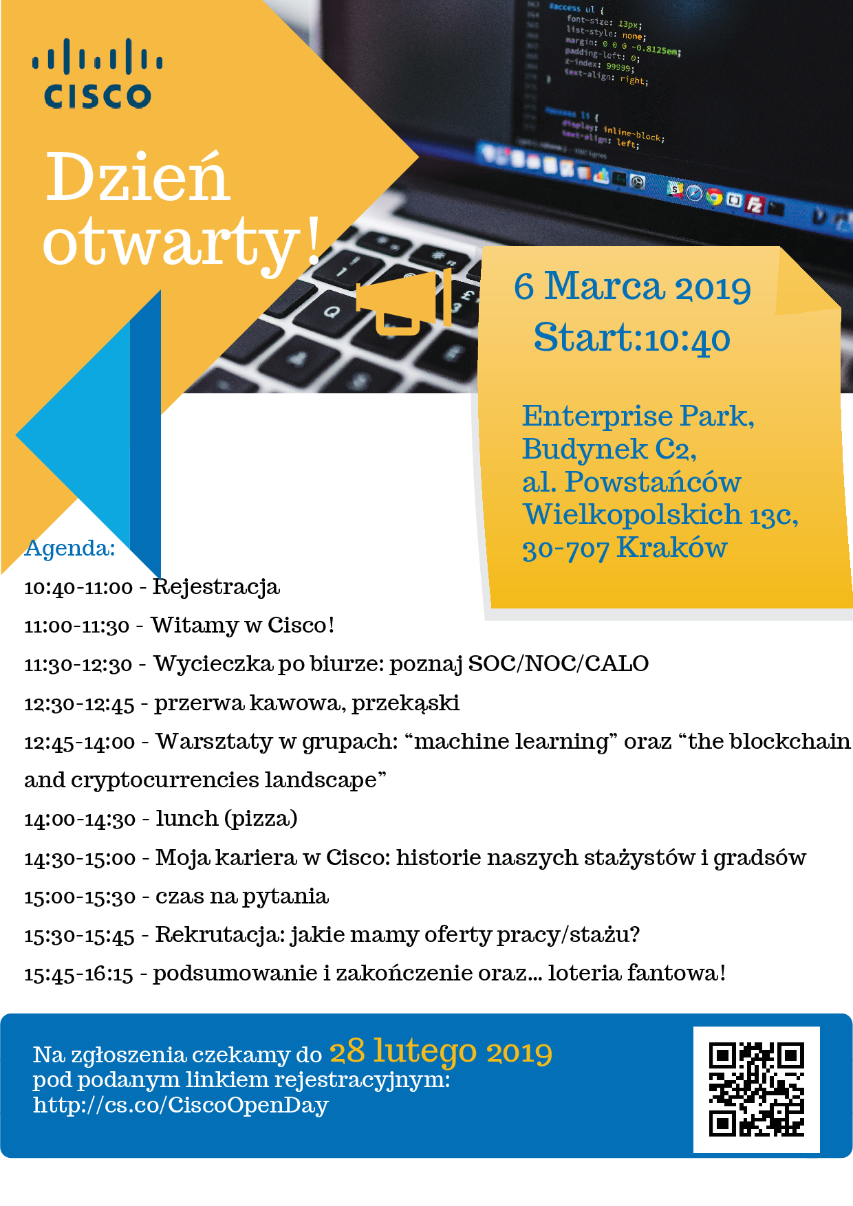 Dzień Otwarty Cisco 6 marca 2019 w Krakowie. Agenda: rejestracja, warsztaty, lunch, rekrutacja.