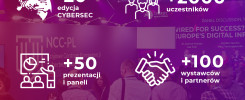 Plakat informuje o 20. edycji CYBERSEC EXPO & FORUM w Krakowie, która odbędzie się 11-12 czerwca 2025.