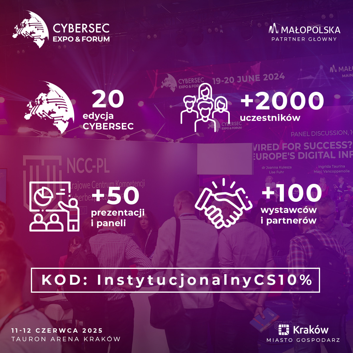 Plakat informuje o 20. edycji CYBERSEC EXPO & FORUM w Krakowie, która odbędzie się 11-12 czerwca 2025.