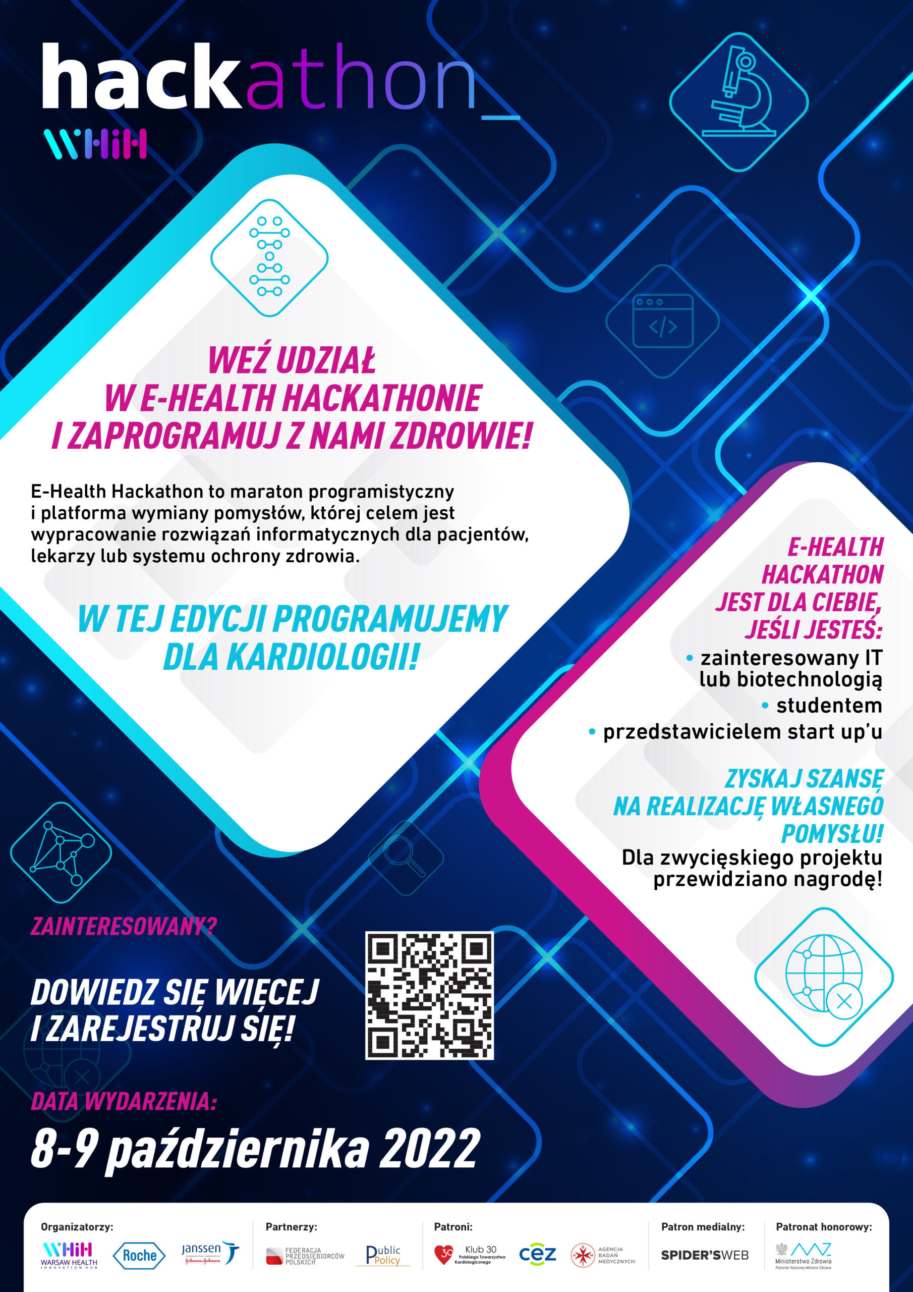 Plakat informuje o E-Health Hackathonie, który odbędzie się 8-9 października 2022.