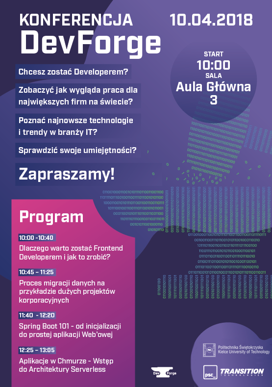 Plakat zapraszający na konferencję DevForge 10.04.2018. Kluczowe obiekty: tytuł, data, program, logo uczelni i partnerów.