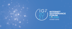Logo IGF 2021 Poland, Internet Governance Forum. Tło z siecią połączeń.