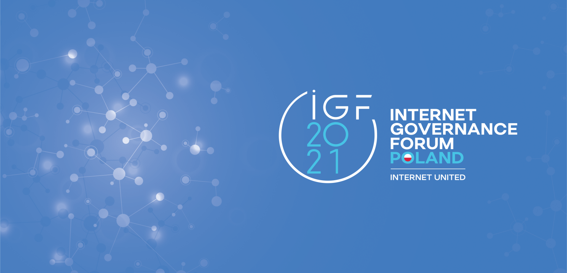 Logo IGF 2021 Poland, Internet Governance Forum. Tło z siecią połączeń.