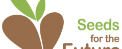 Logo z brązowym ziarnem i zielonymi liśćmi. Tekst: "Seeds for the Future".