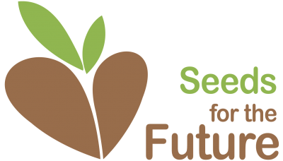 Logo z brązowym ziarnem i zielonymi liśćmi. Tekst: "Seeds for the Future".