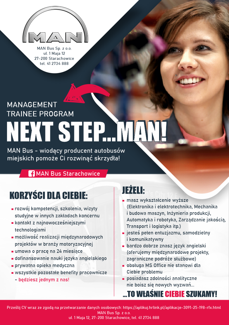 Reklama programu stażowego MAN Bus. Oferta dla kandydatów z wykształceniem technicznym i znajomością języka angielskiego.