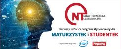 Grafika z sylwetkami głów i technologią. Program stypendialny "Nowe Technologie dla Dziewczyn".