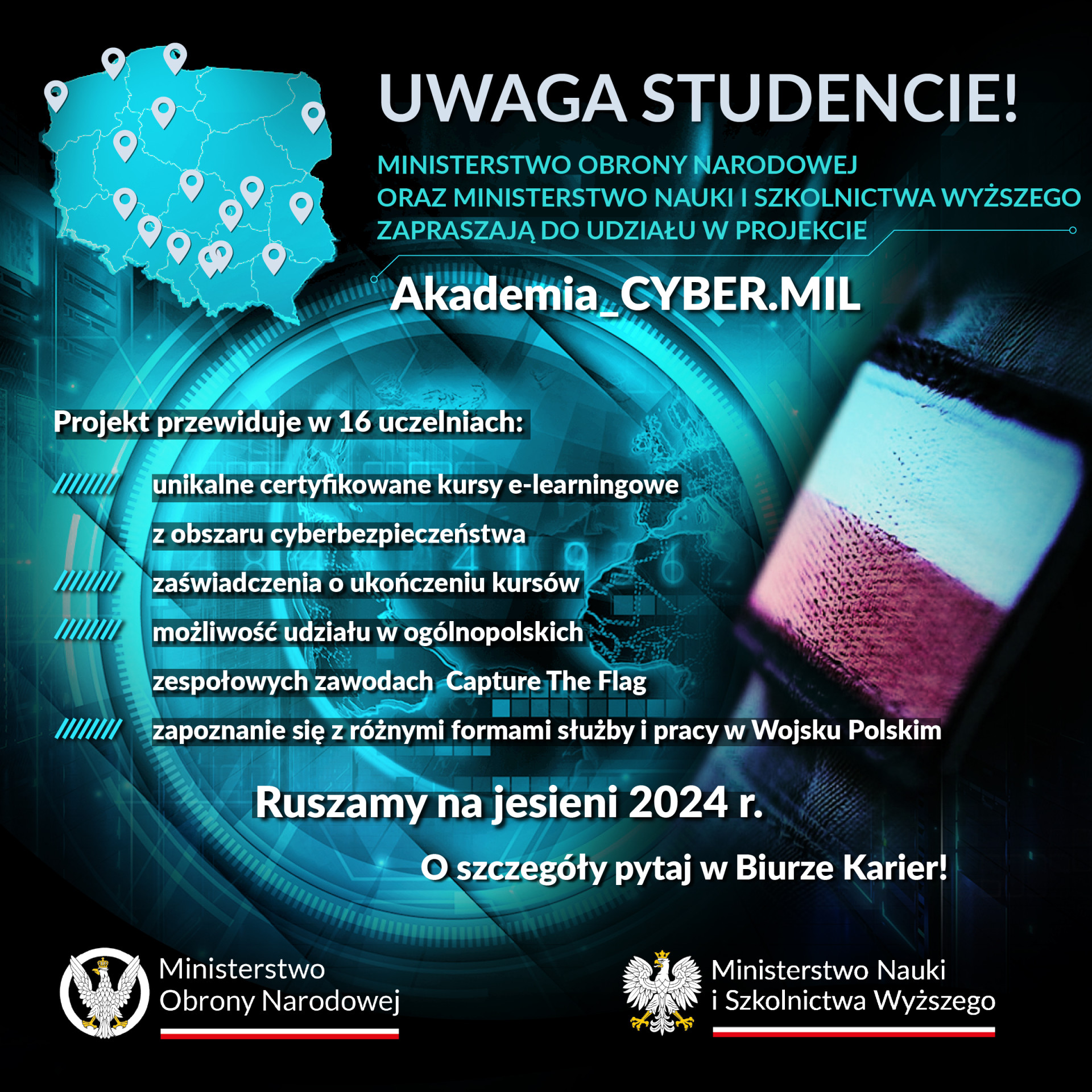 Plakat informuje o projekcie "Akademia CYBER.MIL" dla studentów.