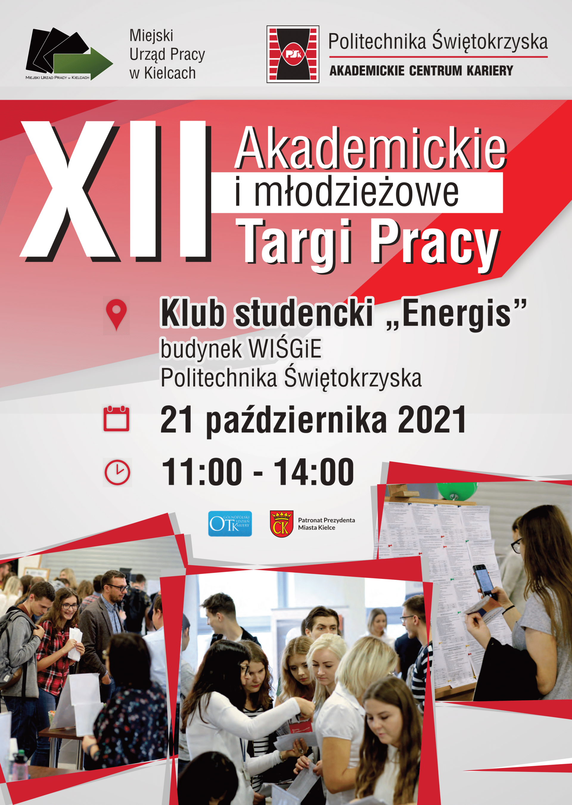 Plakat informuje o Akademickich i Młodzieżowych Targach Pracy w Kielcach, które odbędą się 21 października 2021.