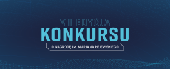 VII edycja konkursu o nagrodę im. Mariana Rejewskiego. Tło z kropkami i liniami.