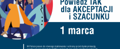 Plakat informuje o Międzynarodowym Dniu bez Dyskryminacji 1 marca.
