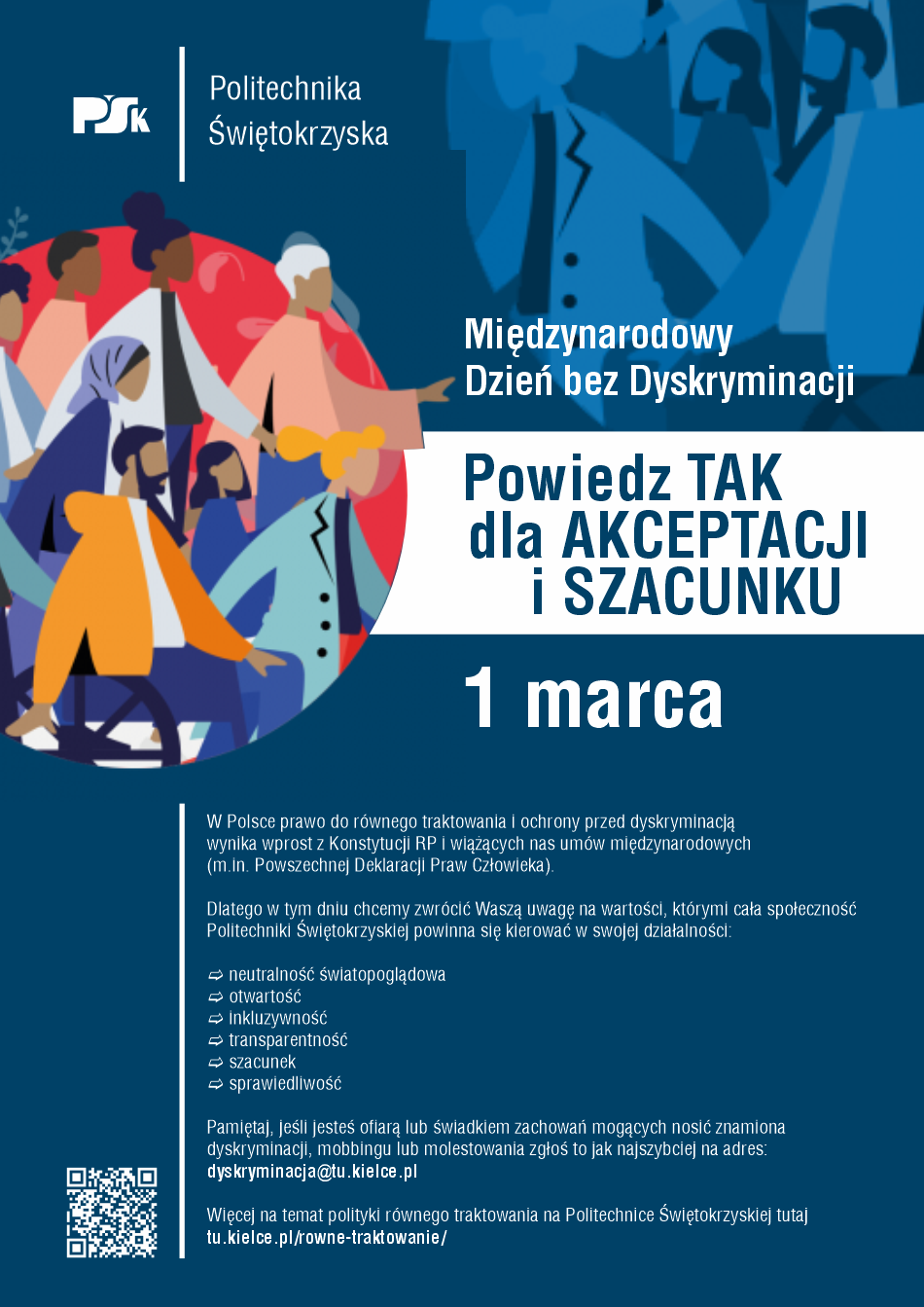 Plakat informuje o Międzynarodowym Dniu bez Dyskryminacji 1 marca.