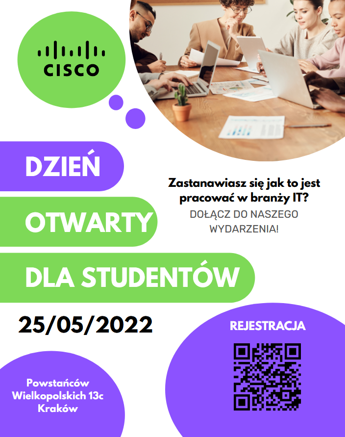 Dzień Otwarty Cisco dla studentów, 25/05/2022. Kontekst: wydarzenie branżowe IT. Kluczowe obiekty: logo Cisco, QR kod.