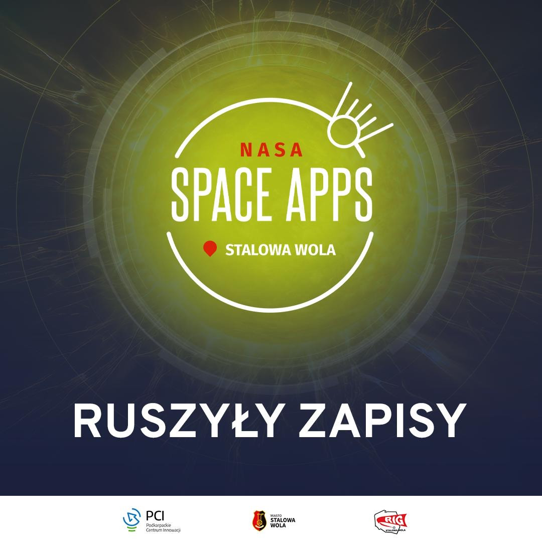 Grafika promuje NASA Space Apps Challenge w Stalowej Woli. Kluczowe obiekty: logo NASA, napis "SPACE APPS", nazwa miasta.