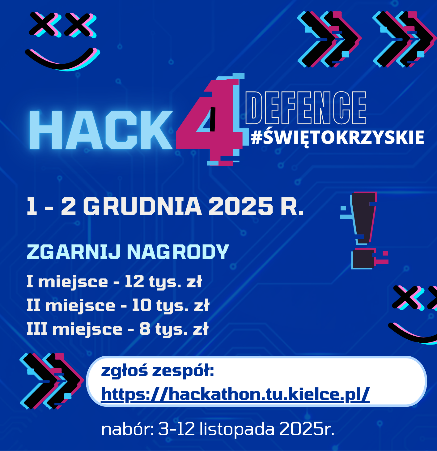 Hack4Defence, 1-2 grudnia 2025. Nagrody: 12, 10, 8 tys. zł. Zgłoszenia: hackathon.tu.kielce.pl.
