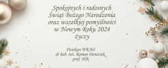 Kartka świąteczna z życzeniami na Nowy Rok 2024. Kluczowe obiekty: bombki, gałązki świerku, gwiazdki.