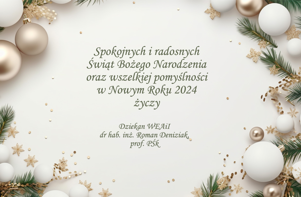 Kartka świąteczna z życzeniami na Nowy Rok 2024. Kluczowe obiekty: bombki, gałązki świerku, gwiazdki.
