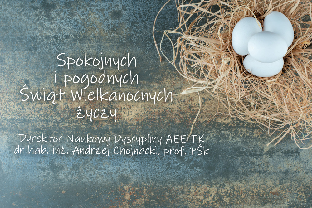 Wielkanocne życzenia z jajkami w gnieździe.