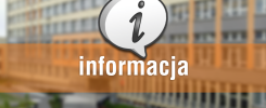 Dymek z literą "i" i napisem "informacja" na tle budynku.