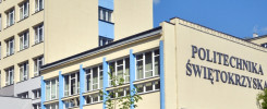 Budynek Politechniki Świętokrzyskiej z napisem. Obiekty: budynek, napisy, niebo, chmury, samochód. Kontekst: uczelnia.