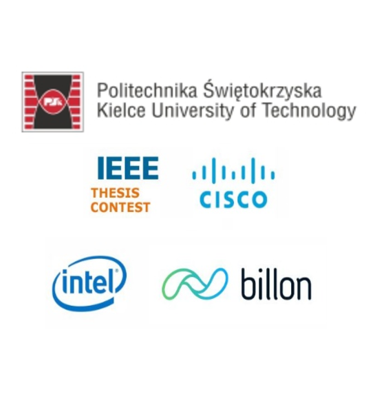 Logotypy Politechniki Świętokrzyskiej, IEEE, Cisco, Intel i Billon. Kontekst: wydarzenie naukowe lub technologiczne.
