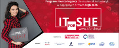 Kobieta z laptopem z napisem "CODE, LOVE, CREATE". Program mentoringowy "IT for SHE" dla studentek informatyki.