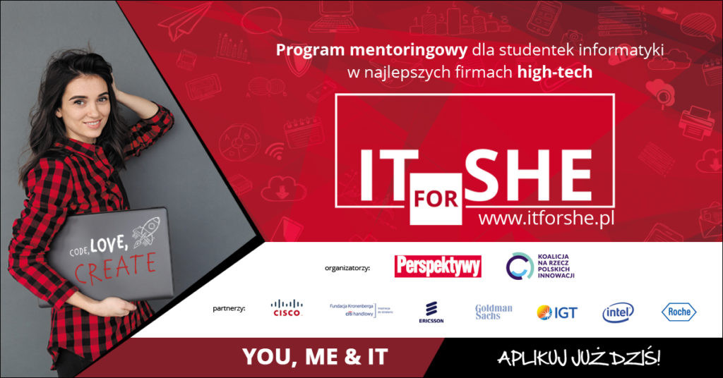 Kobieta z laptopem z napisem "CODE, LOVE, CREATE". Program mentoringowy "IT for SHE" dla studentek informatyki.