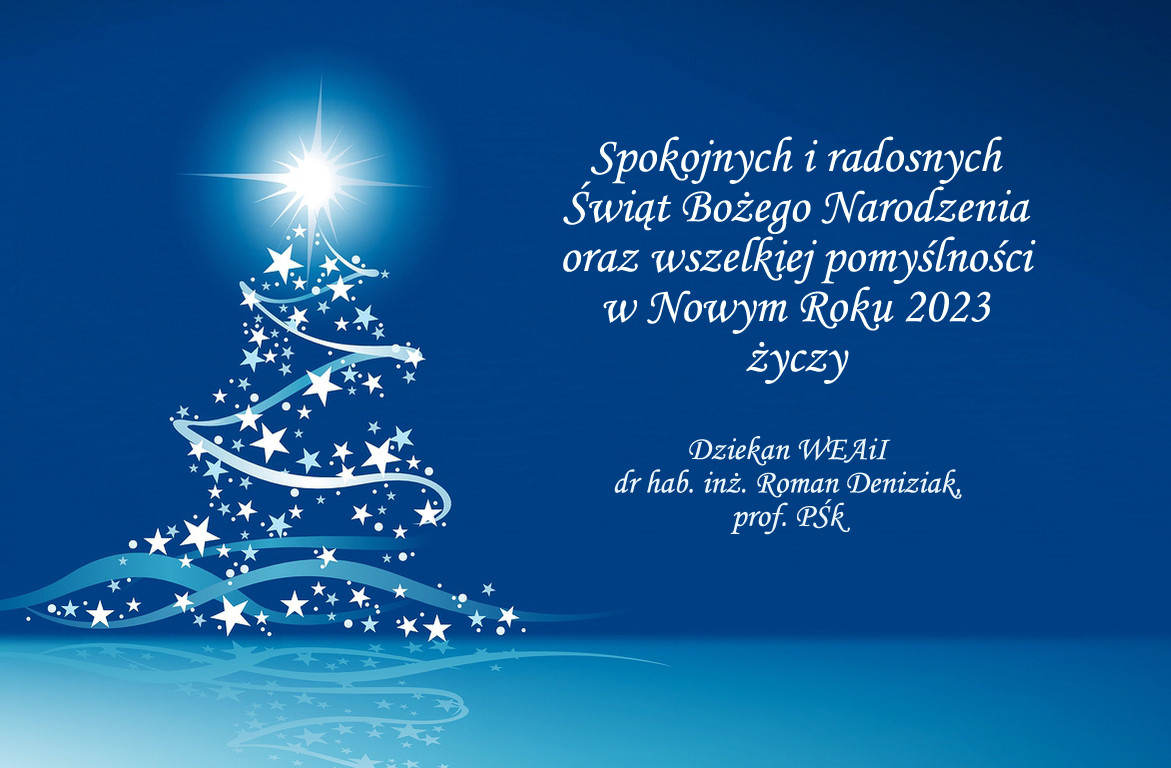 Gwiazdy i wstęgi tworzą choinkę. Tekst życzy spokojnych Świąt Bożego Narodzenia i pomyślności w Nowym Roku 2023.