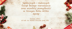 Kartka świąteczna z życzeniami. Kluczowe obiekty: prezenty, bombki, choinka, szyszki.