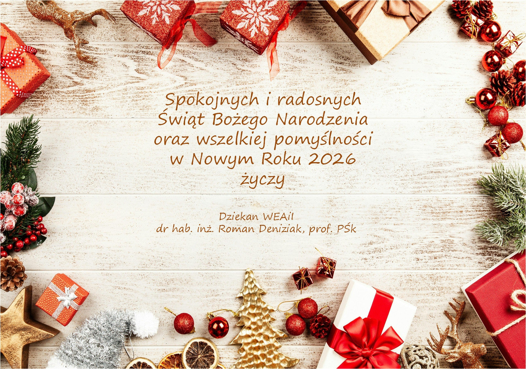 Kartka świąteczna z życzeniami. Kluczowe obiekty: prezenty, bombki, choinka, szyszki.