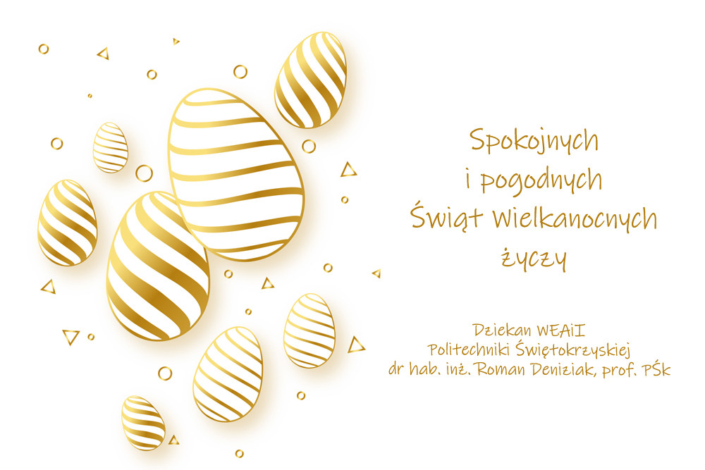 Złote pisanki i życzenia świąteczne. Kontekst: kartka wielkanocna.